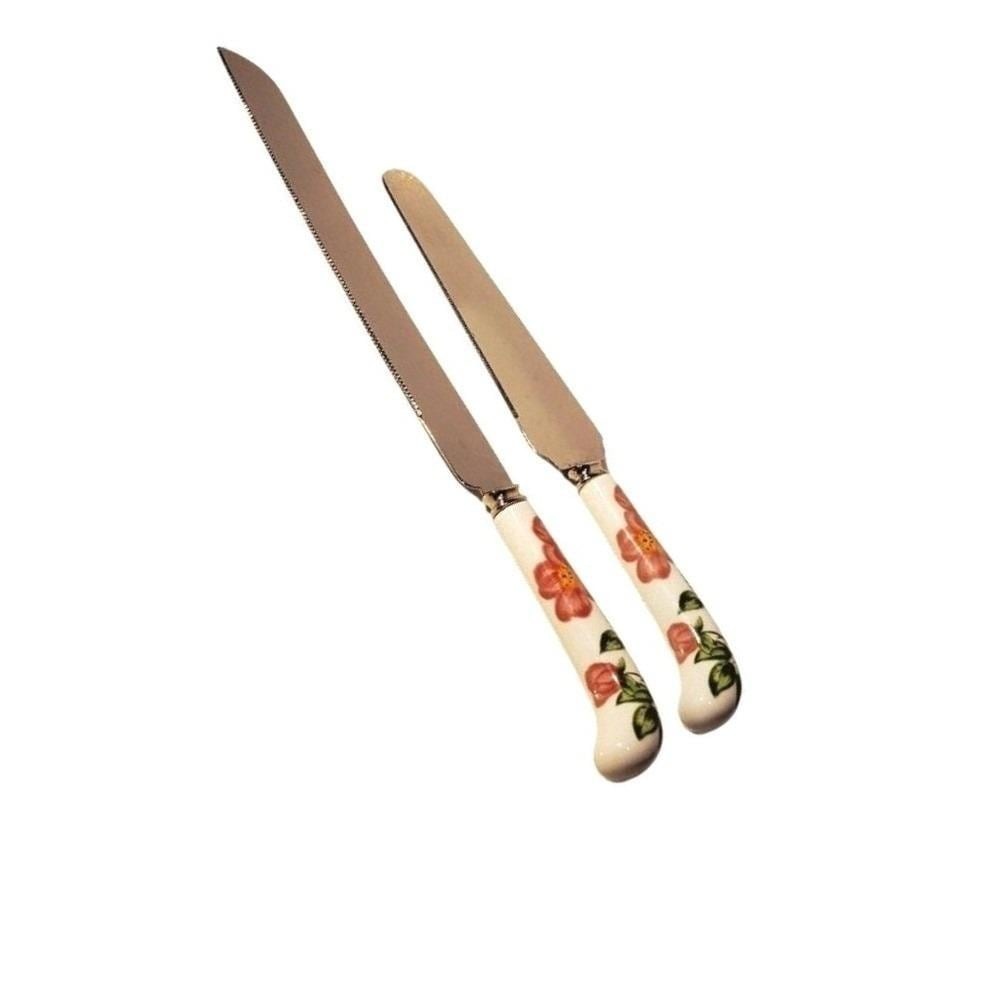 Vintage Sheffield Knives Set Floral Prill‎ England Stainless Porcelain Handles
